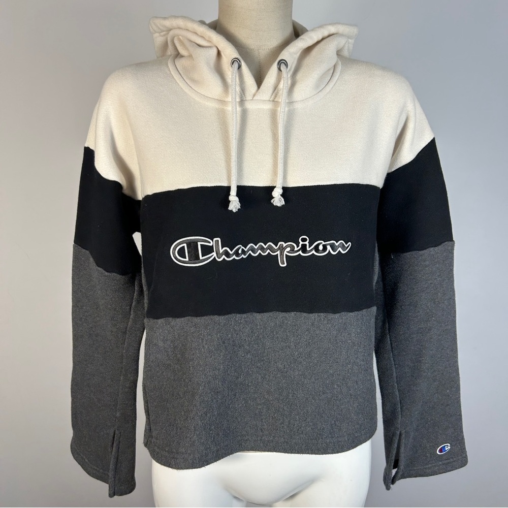 Vintage Champion Block Script Logo Hoodie - Cropped Colorblock Retro